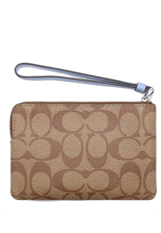 Coach Corner Zip Wristlet In Signature Canvas - Brown/Marble Blue