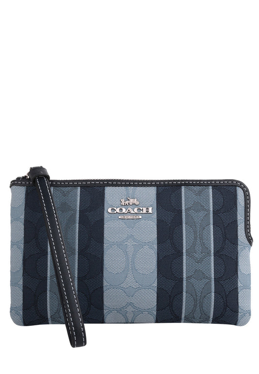 Coach Large Corner Zip Wristlet In Signature Jacquard With Stripes - Navy