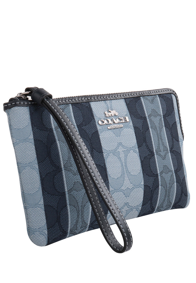 Coach Large Corner Zip Wristlet In Signature Jacquard With Stripes - Navy