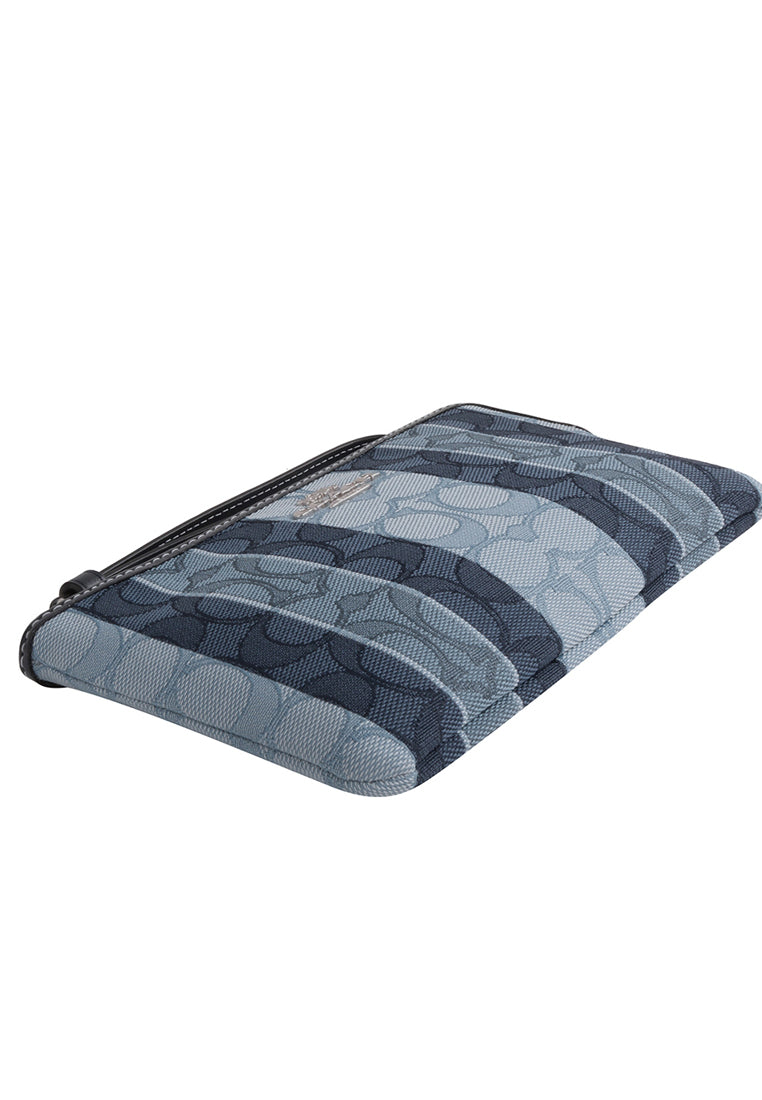 Coach Large Corner Zip Wristlet In Signature Jacquard With Stripes - Navy