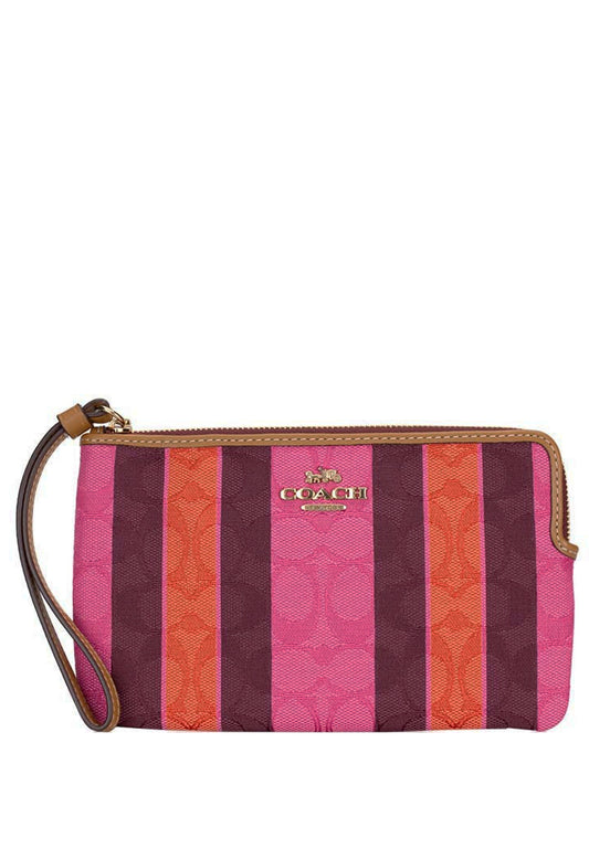 Coach Large Corner Zip Wristlet In Signature Jacquard With Stripes - Pink/Multi