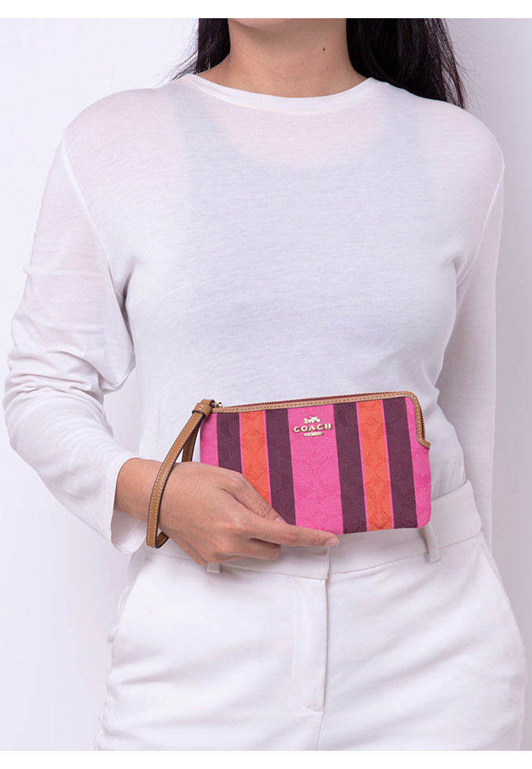 Coach Large Corner Zip Wristlet In Signature Jacquard With Stripes - Pink/Multi