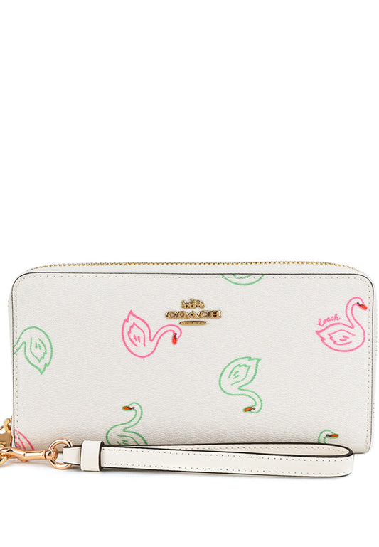 Coach Long Zip Around Wallet With Swan Print - White