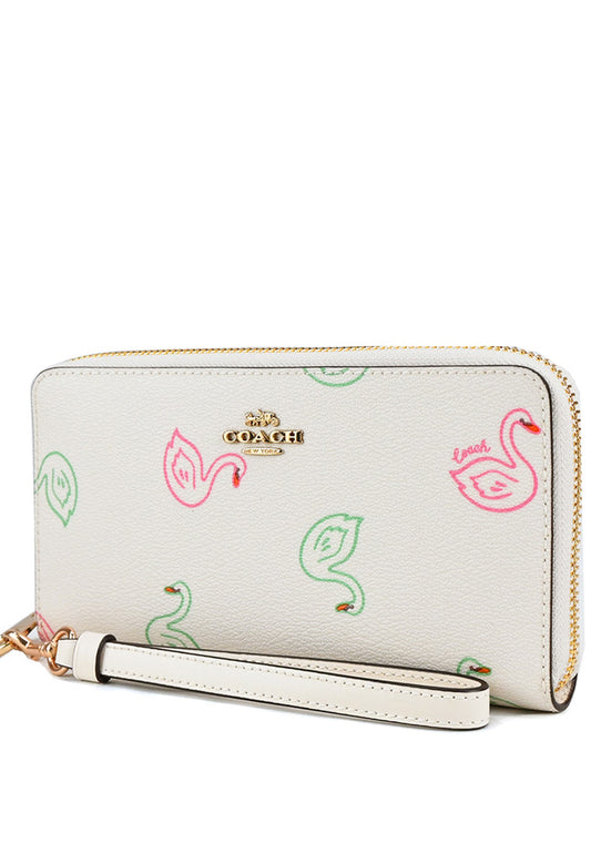 Coach Long Zip Around Wallet With Swan Print - White