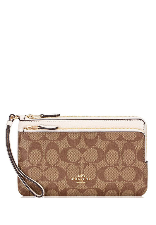 Coach Double Zip Wallet In Signature Canvas- Light Brown/White