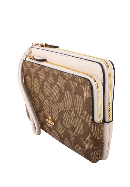 Coach Double Zip Wallet In Signature Canvas- Light Brown/White
