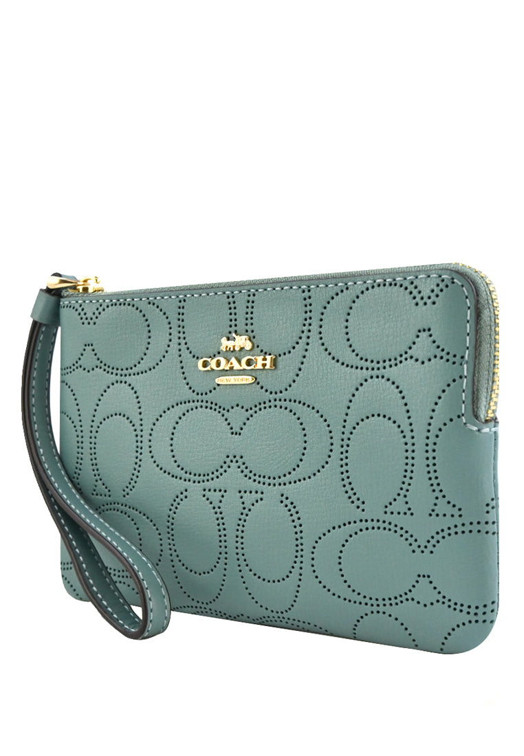 Coach Perforated Signature Leather Small Corner Zip Wristlet - Marine