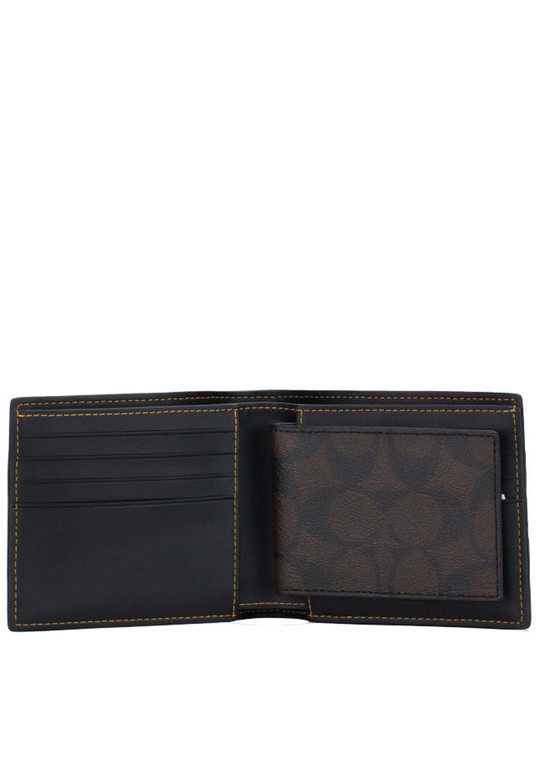 Coach Mens Compact ID Signature Varsity Wallet - Mahogany/Yellow/Red