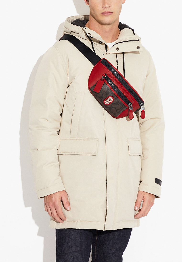 Coach Mens Westway Belt Bag In Colorblock Signature Canvas With Coach Patch - Mahogany/Red