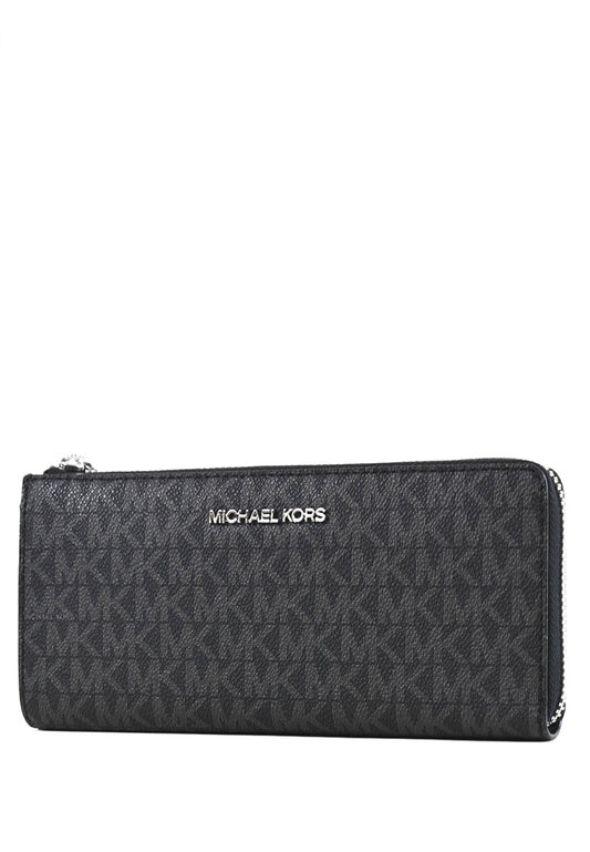 Michael Kors Jet Set Travel Large Signature Three Quarter Zip Wallet In Signature - Black