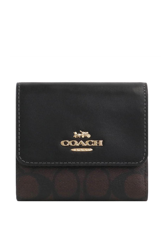 Coach Small Trifold Wallet In Blocked Signature Canvas - Dark Brown