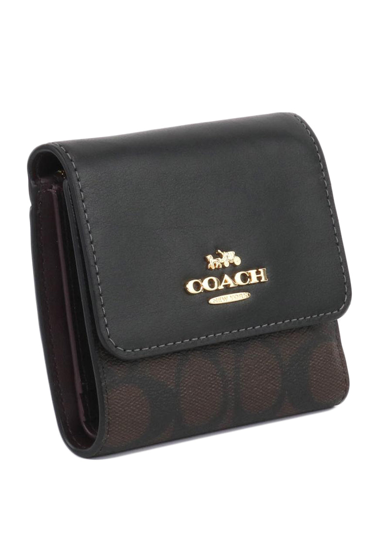Coach Small Trifold Wallet In Blocked Signature Canvas - Dark Brown