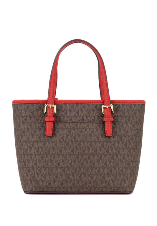 Michael Kors Jet Set Travel Extra-Small Logo Top-Zip Tote Bag - Dark Brown/Red