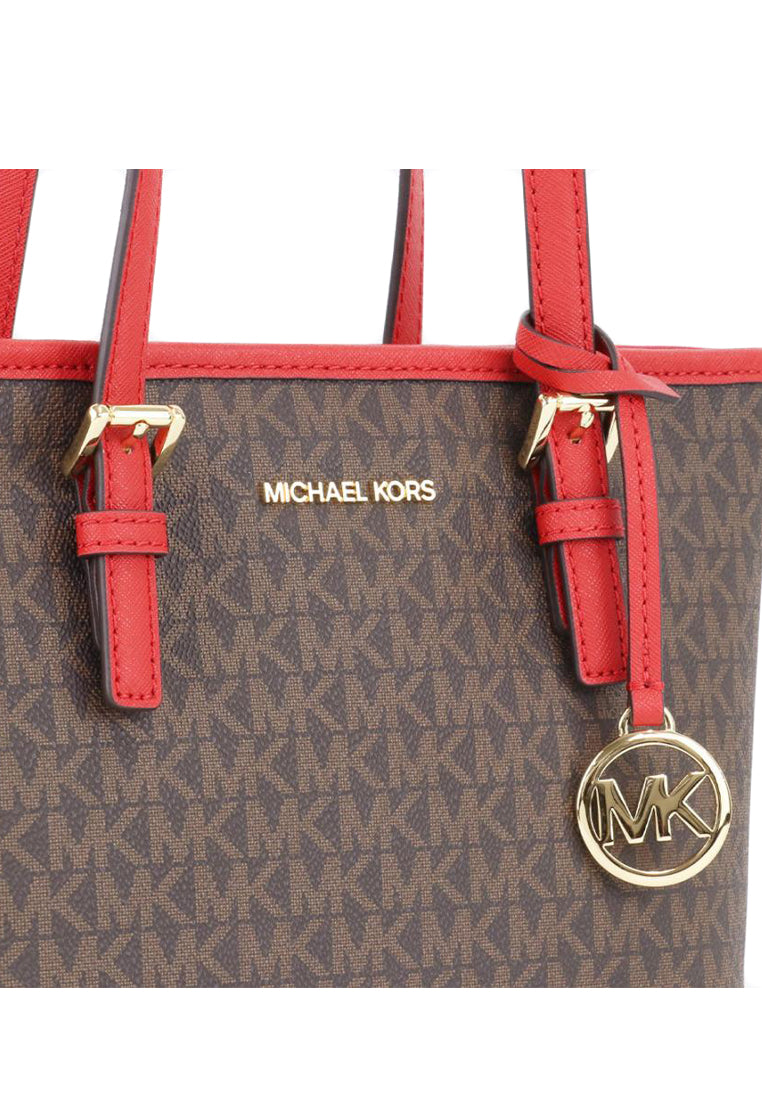 Michael Kors Jet Set Travel Extra-Small Logo Top-Zip Tote Bag - Dark Brown/Red