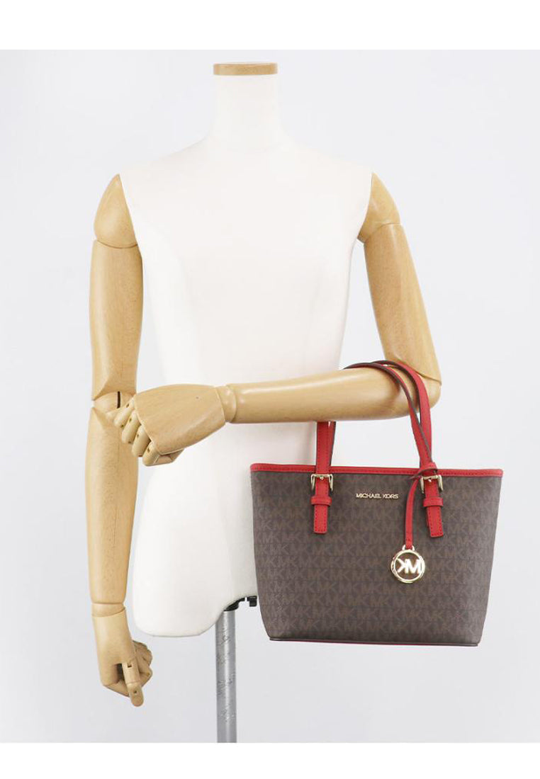 Michael Kors Jet Set Travel Extra-Small Logo Top-Zip Tote Bag - Dark Brown/Red