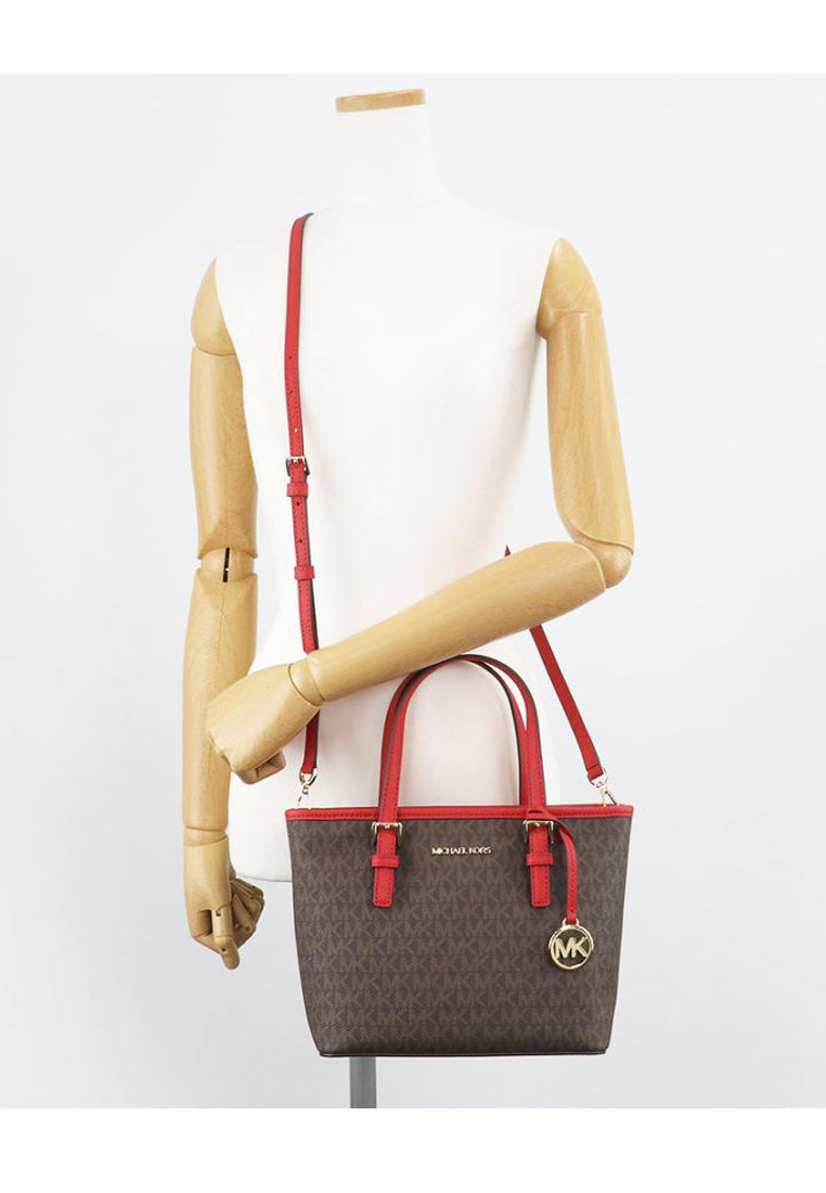Michael Kors Jet Set Travel Extra-Small Logo Top-Zip Tote Bag - Dark Brown/Red