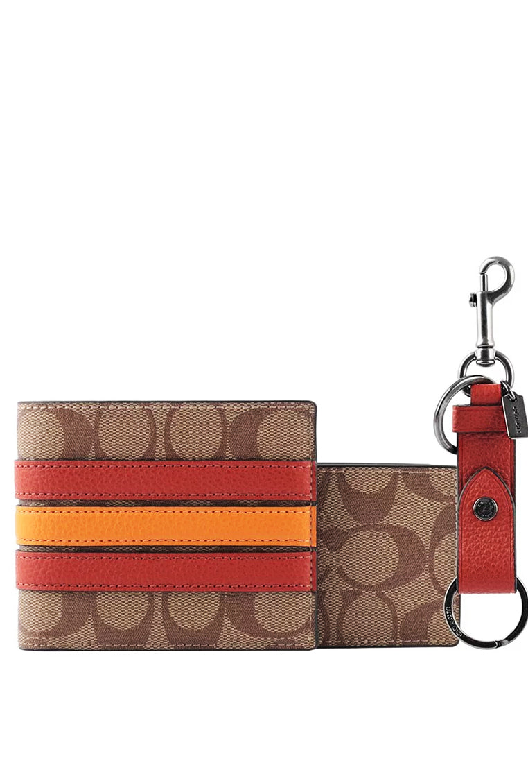 Coach Mens Boxed 3 In 1 Wallet Gift Set In Signature Canvas With Varsity Stripe - Brown/Terracotta