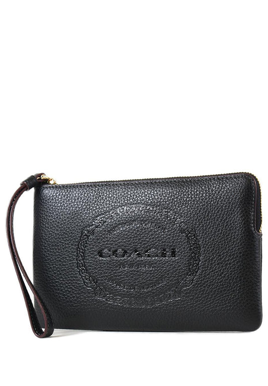 Coach Large Corner Zip Wristlet With Coach Heritage - Black
