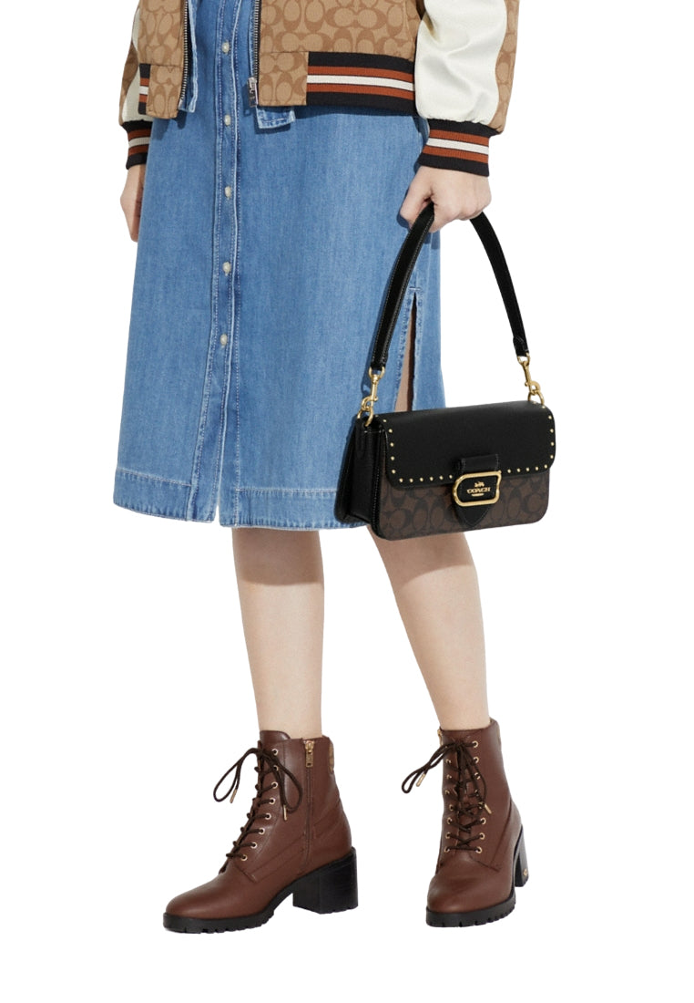 Coach Morgan Shoulder Bag In Colorblock Signature Canvas With Rivets - Dark Brown