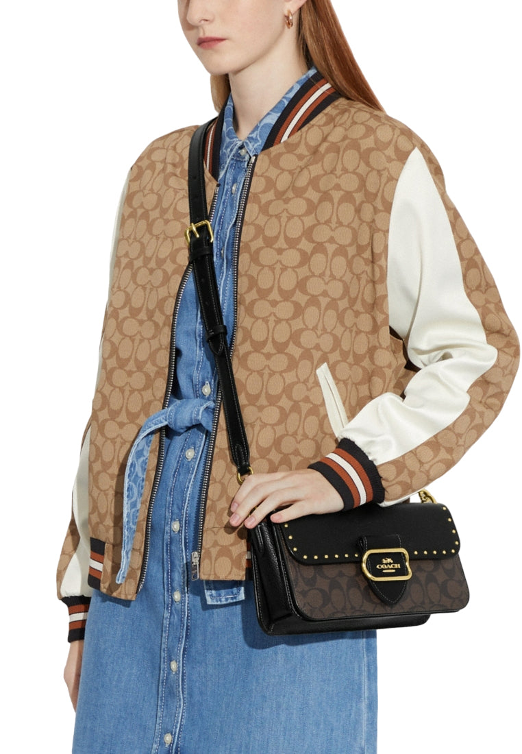 Coach Morgan Shoulder Bag In Colorblock Signature Canvas With Rivets - Dark Brown