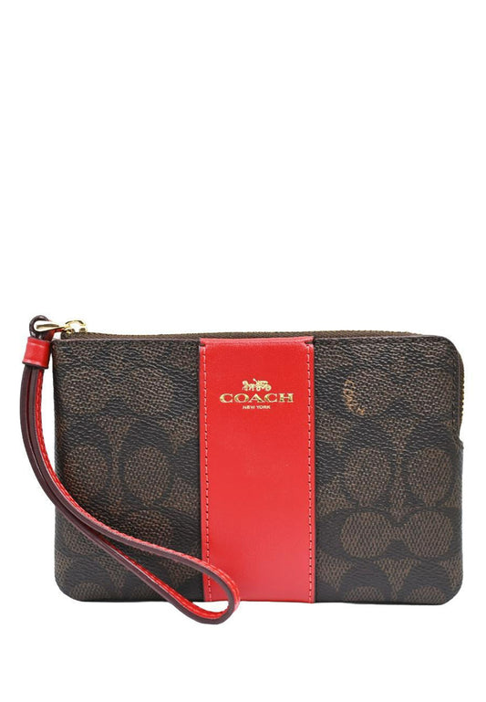 Coach Corner Zip Wristlet In Signature Canvas With Stripe - Walnut/Bold Red