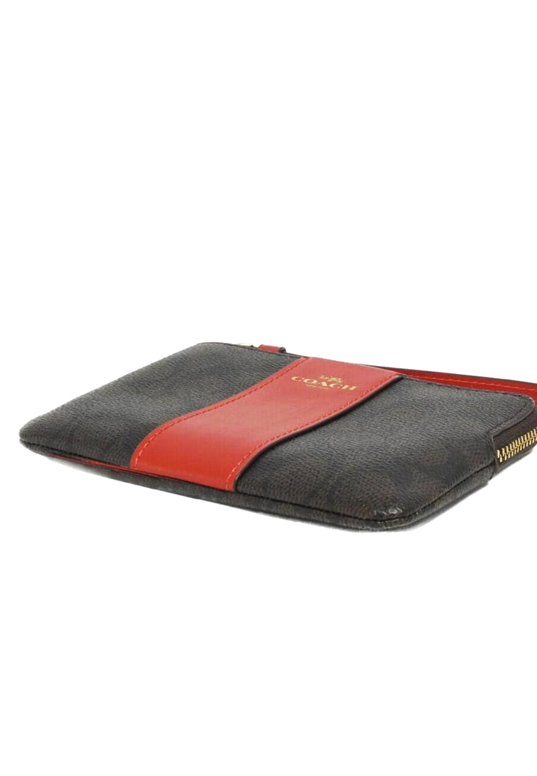 Coach Corner Zip Wristlet In Signature Canvas With Stripe - Walnut/Bold Red