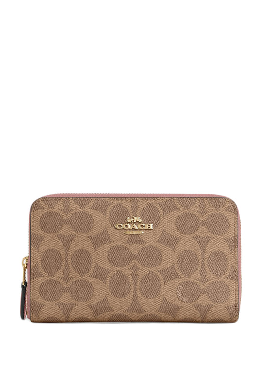 Coach Medium ID Zip Wallet In Signature Canvas - Tan/Pink Petal