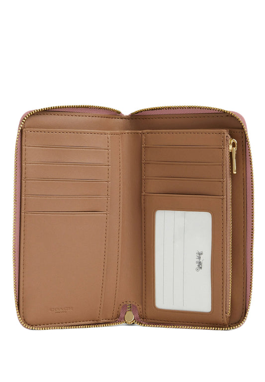 Coach Medium ID Zip Wallet In Signature Canvas - Tan/Pink Petal