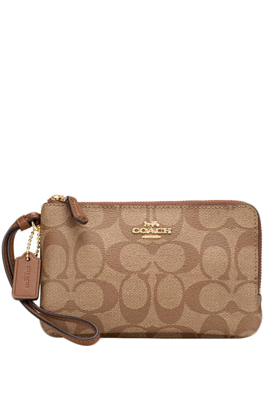 Coach Double Corner Zip Wristlet In Signature Canvas - Brown