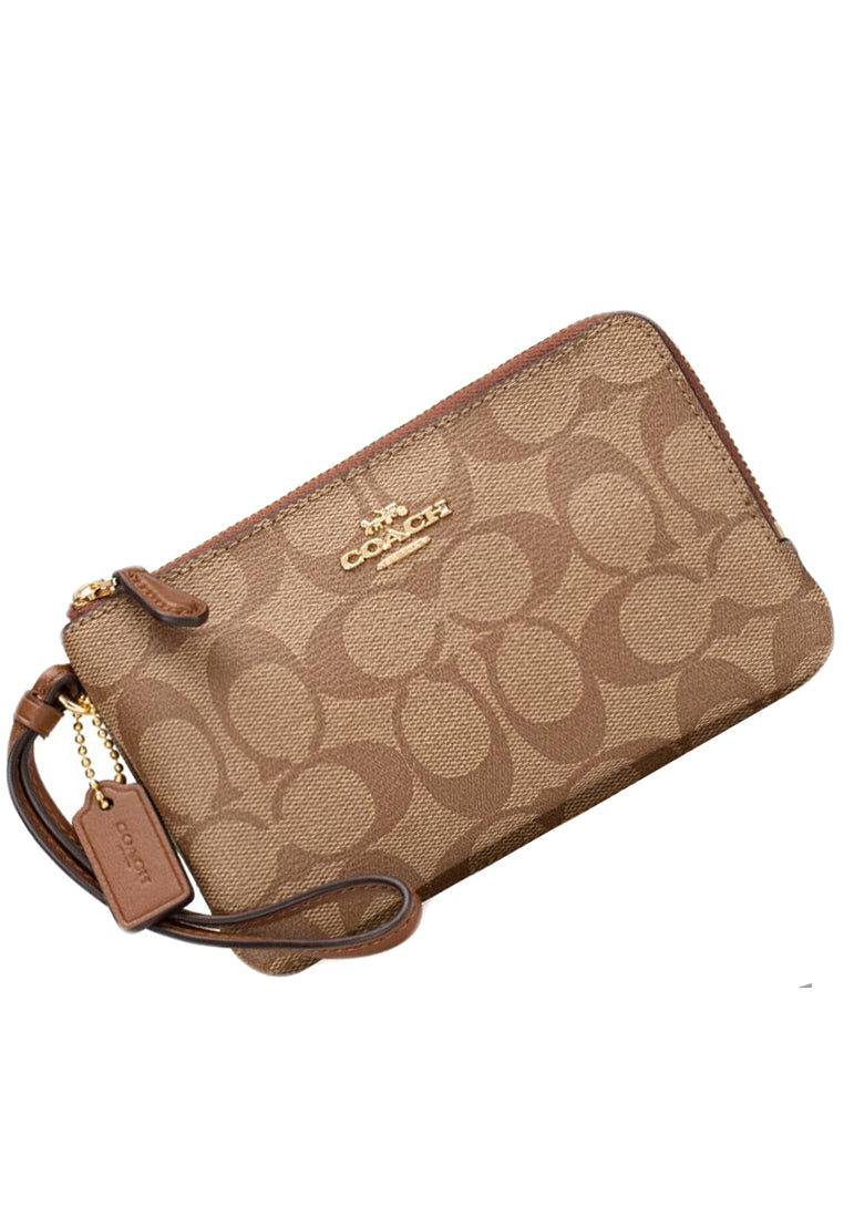 Coach Double Corner Zip Wristlet In Signature Canvas - Brown