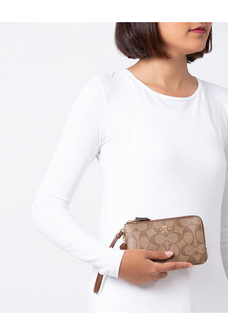 Coach Double Corner Zip Wristlet In Signature Canvas - Brown