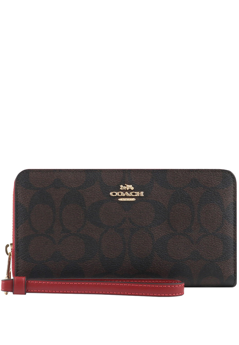 Coach Long Zip Around Wallet In Signature Canvas - Dark Brown/Red