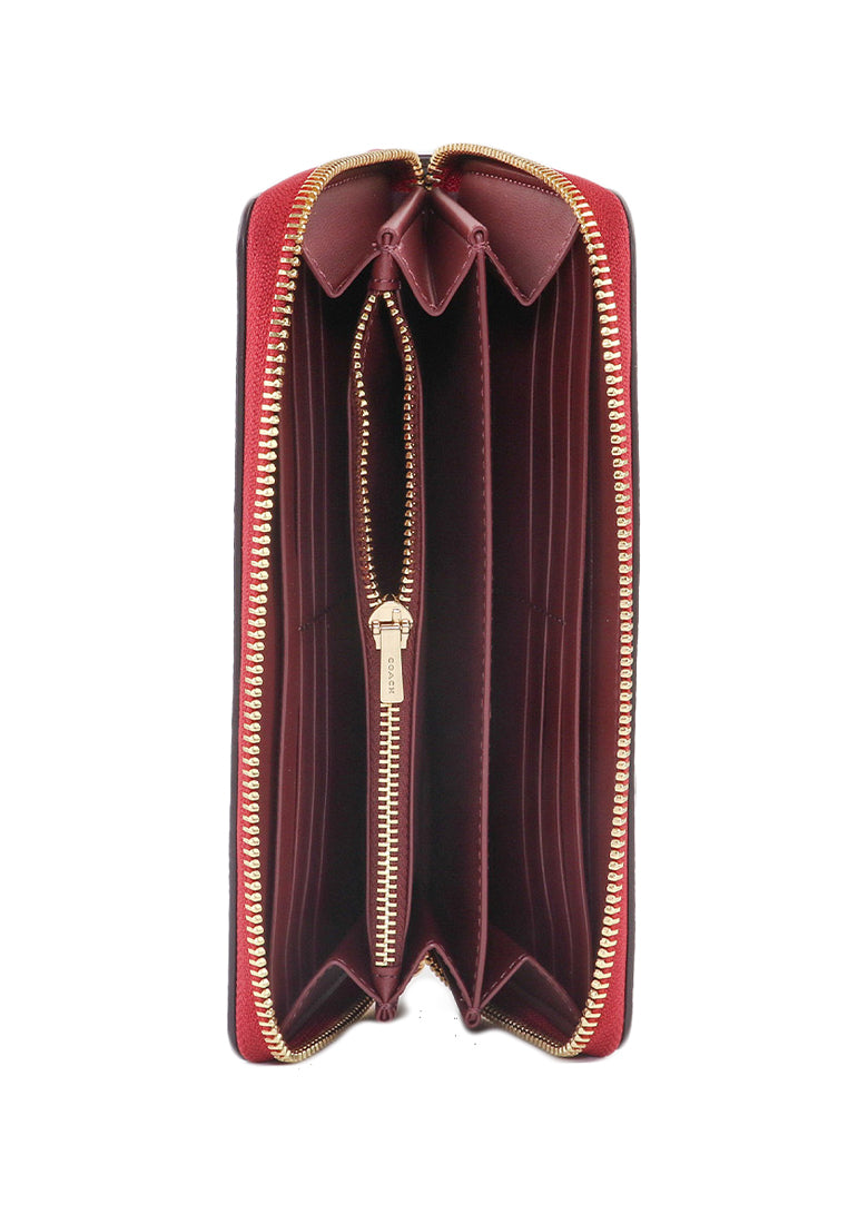 Coach Long Zip Around Wallet In Signature Canvas - Dark Brown/Red