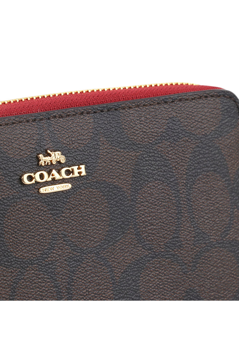 Coach Long Zip Around Wallet In Signature Canvas - Dark Brown/Red