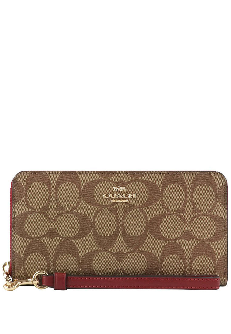 Coach Long Zip Around Wallet In Signature Canvas - Brown/Cherry