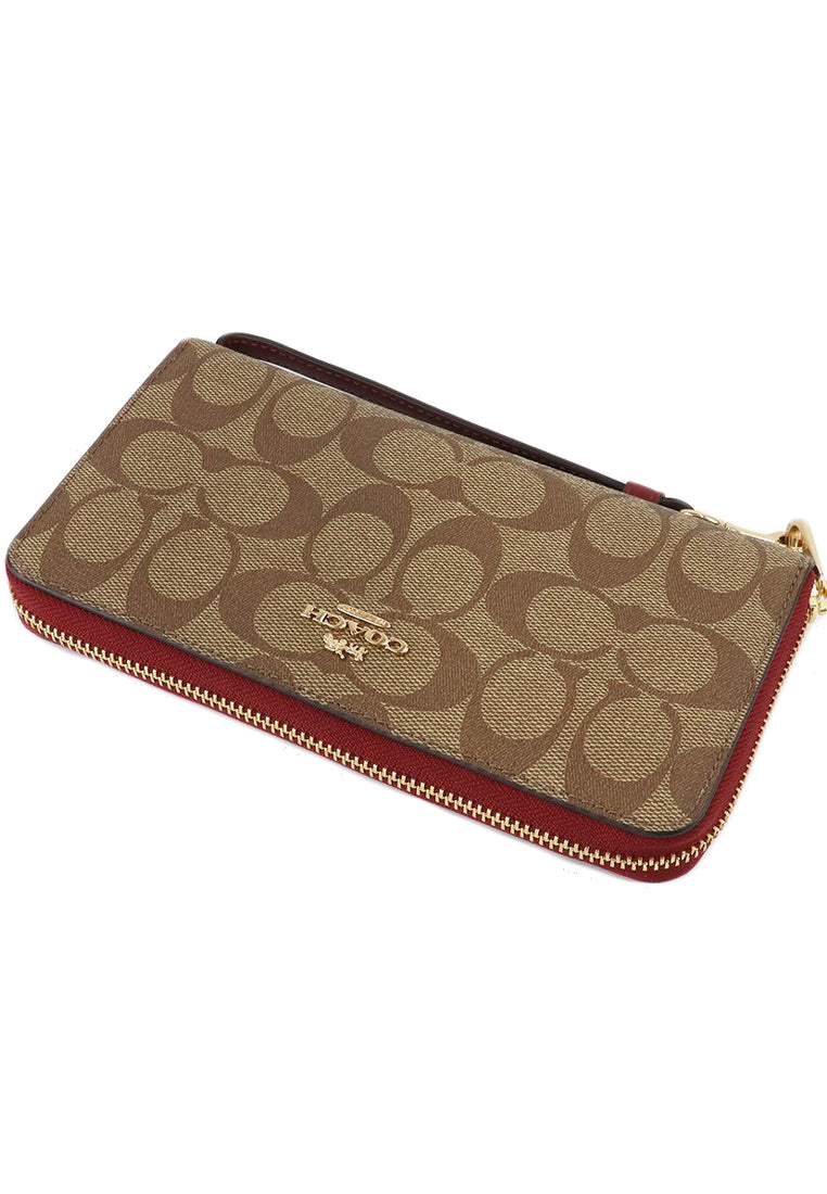 Coach Long Zip Around Wallet In Signature Canvas - Brown/Cherry