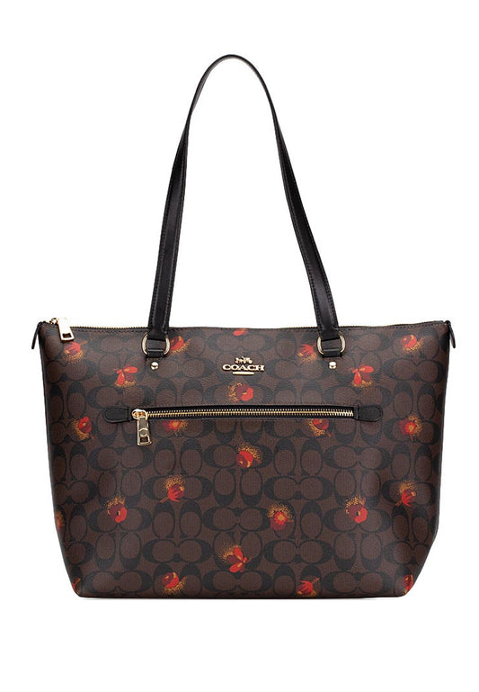 Coach Gallery Tote In Signature With Pop Floral Print - Dark Brown/Multi