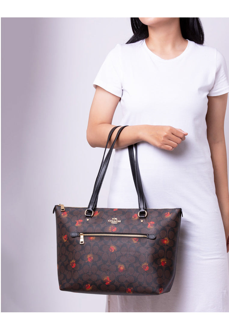 Coach Gallery Tote In Signature With Pop Floral Print - Dark Brown/Multi