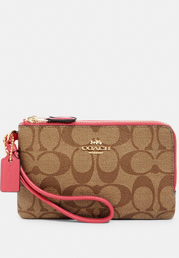 Coach Double Corner Zip Wristlet In Signature Canvas - Brown/Fuchsia
