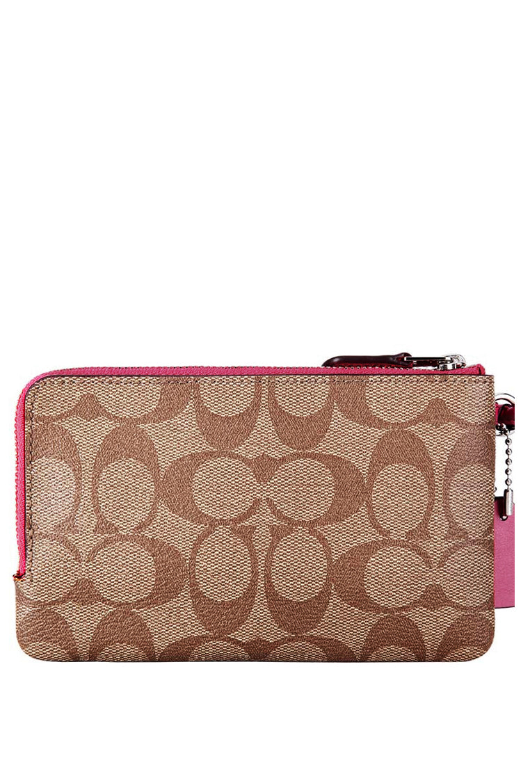 Coach Double Corner Zip Wristlet In Signature Canvas - Brown/Fuchsia