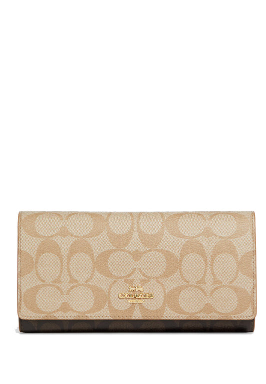 Coach Slim Trifold Wallet In Blocked Signature Canvas - Light Brown