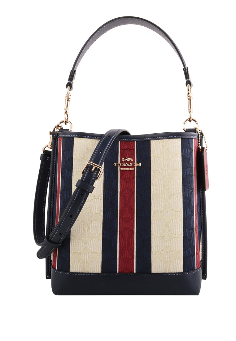Coach Mollie Bucket Bag 22 In Signature Jacquard With Stripes - White/Navy/Red