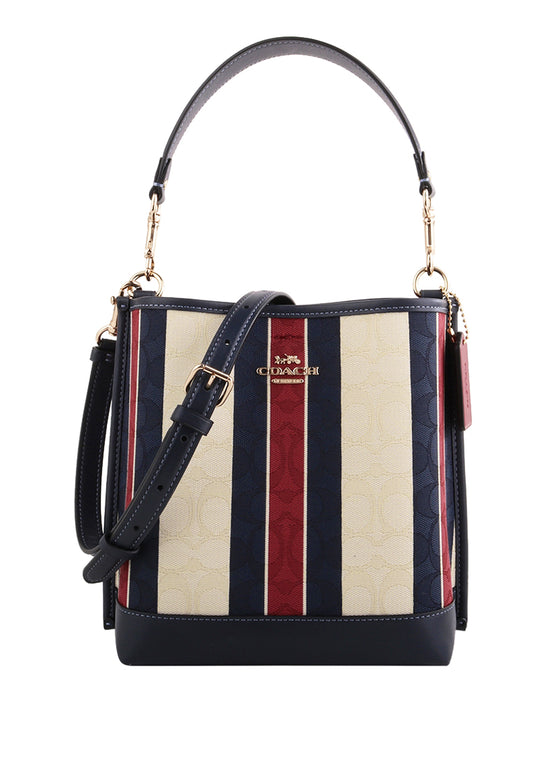 Coach Mollie Bucket Bag 22 In Signature Jacquard With Stripes - White/Navy/Red