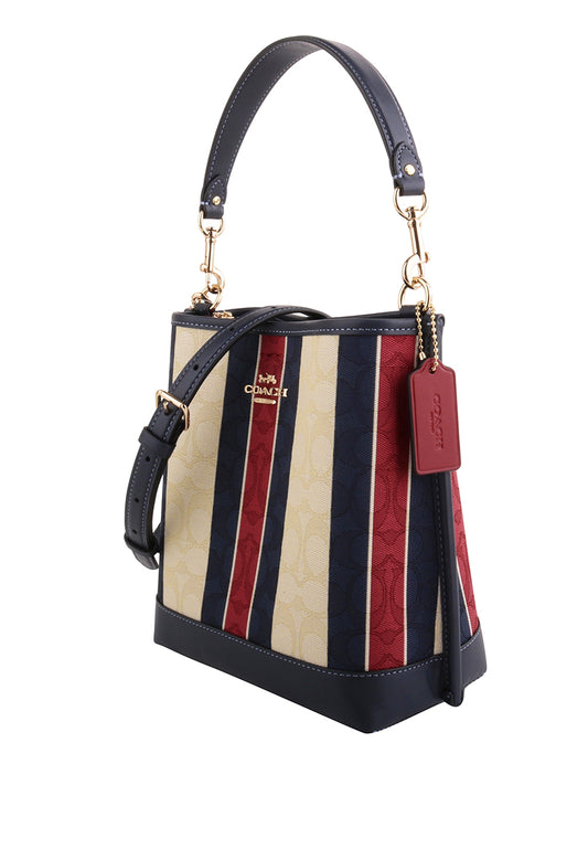 Coach Mollie Bucket Bag 22 In Signature Jacquard With Stripes - White/Navy/Red