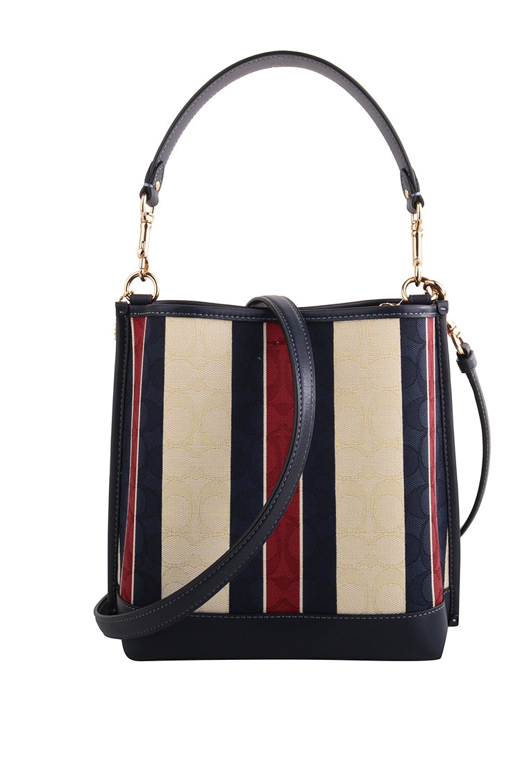 Coach Mollie Bucket Bag 22 In Signature Jacquard With Stripes - White/Navy/Red