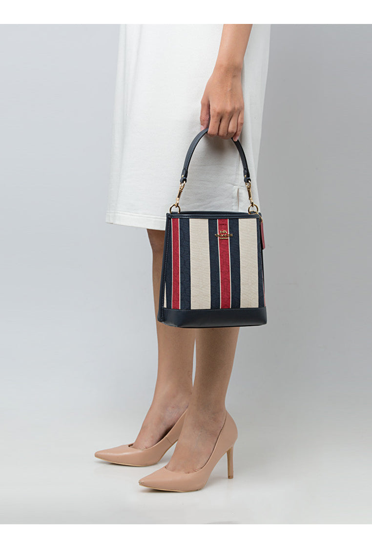 Coach Mollie Bucket Bag 22 In Signature Jacquard With Stripes - White/Navy/Red