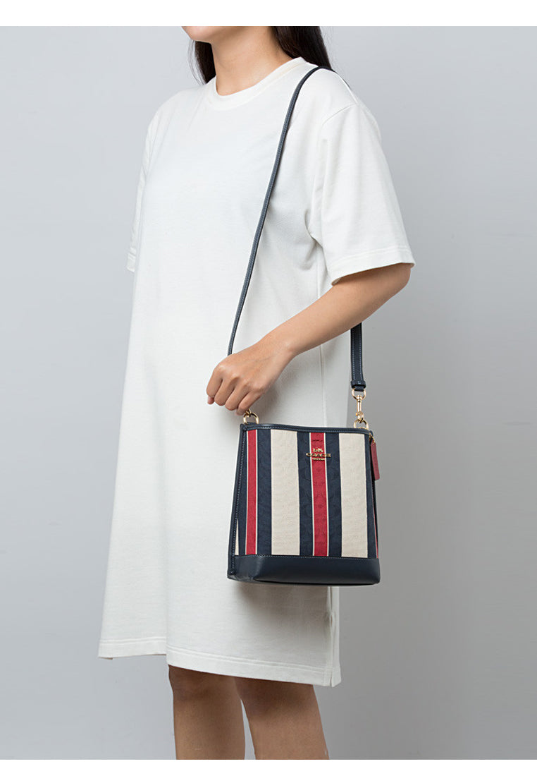 Coach Mollie Bucket Bag 22 In Signature Jacquard With Stripes - White/Navy/Red