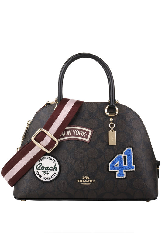 Coach Katy Satchel In Signature Canvas With Ski Patches - Dark Brown