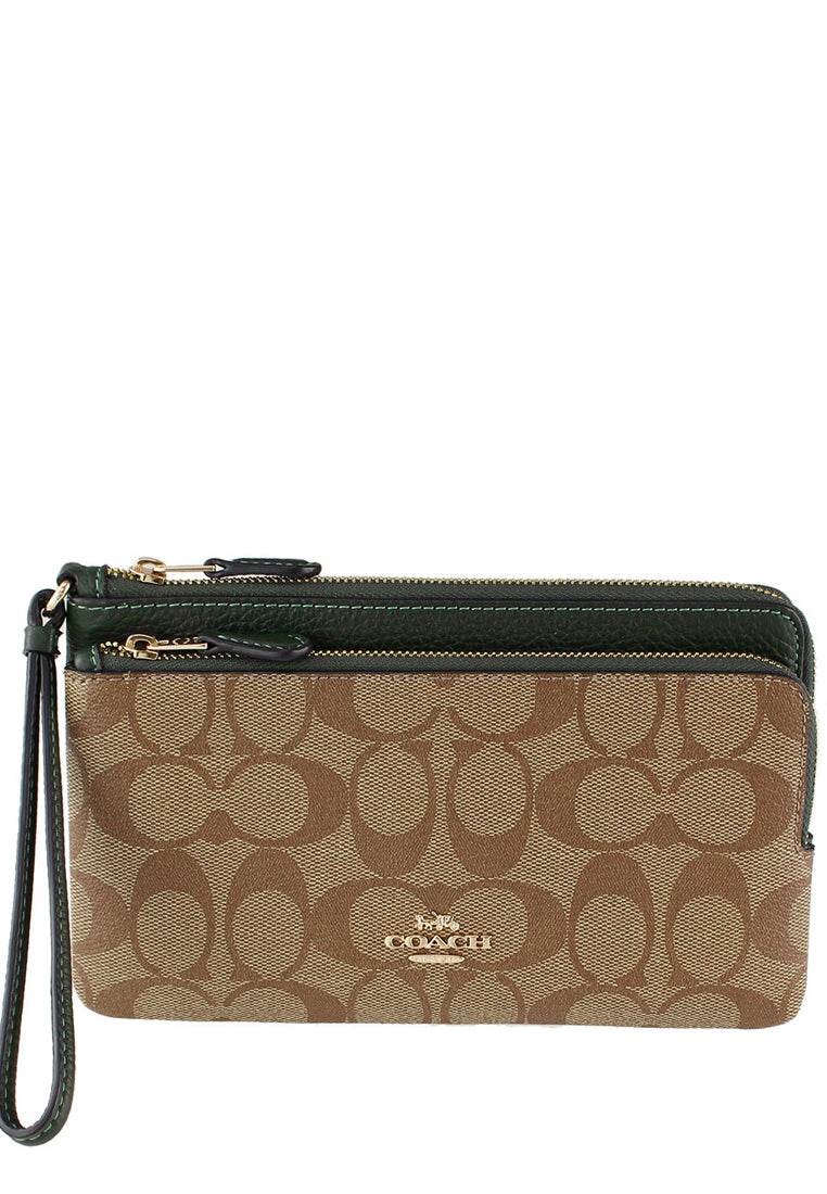 Coach Double Zip Wallet In Signature Canvas - Brown/Amazon Green
