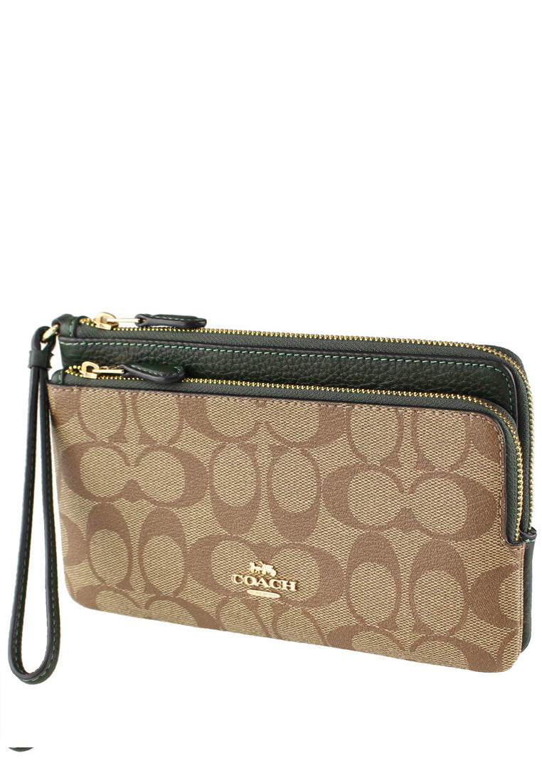Coach Double Zip Wallet In Signature Canvas - Brown/Amazon Green